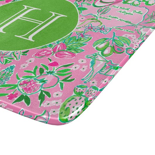 Texas Kaart Roze & Groene Preppy Patroon Monogramm Snijplank (Hoek)