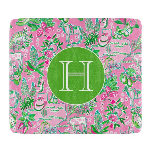 Texas Kaart Roze & Groene Preppy Patroon Monogramm Snijplank (Voorkant)