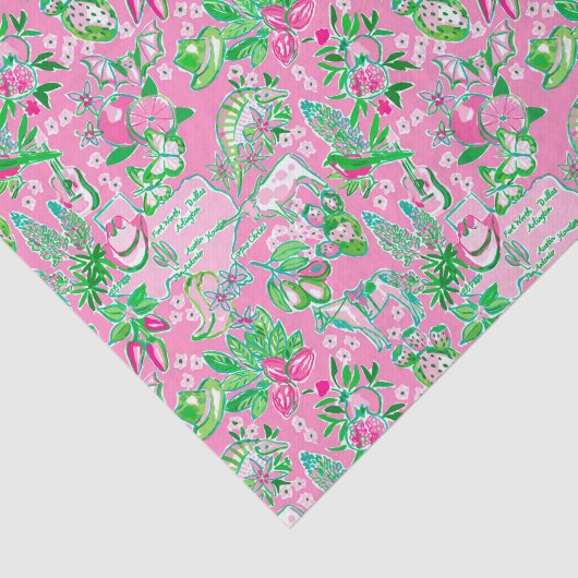 Texas Kaart Roze & Groene Preppy Patroon Tissuepapier (Detail)