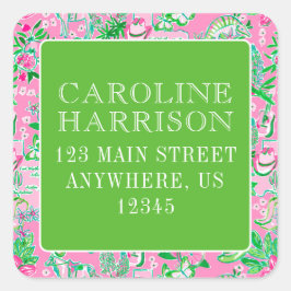 Texas Kaart Roze & Groene Preppy Patroon Vierkante Sticker