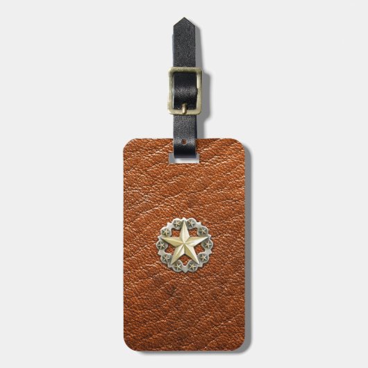 Texas Lone Star Concho op bruin leder Bagagelabel (Voorkant verticaal)