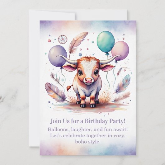 Texas Long Calf Birthday Invitation Pastel Boho  Kaart (Voorkant)