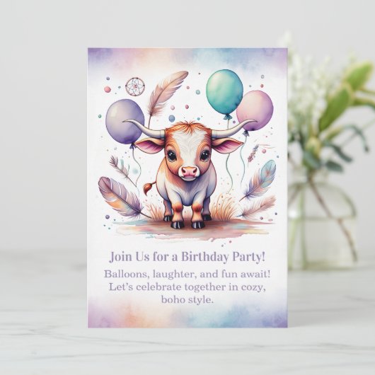 Texas Long Calf Birthday Invitation Pastel Boho  Kaart (Staand voorkant)