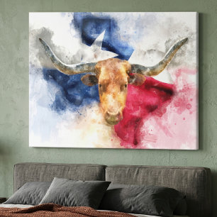 Texas Longhorn Aquarel met Vlag Kaart Kunst Canvas Afdruk