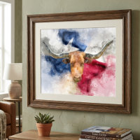 Texas Longhorn Aquarel met Vlag Kaart Kunst