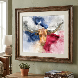 Texas Longhorn Aquarel met Vlag Kaart Kunst Foto Afdruk