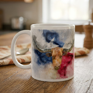 Texas Longhorn Aquarel met Vlag Kaart Kunst Koffiemok