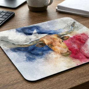 Texas Longhorn Aquarel met Vlag Kaart Kunst Muismat