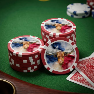Texas Longhorn Aquarel met Vlag Kaart Kunst Poker Chips