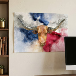 Texas Longhorn Aquarel met Vlag Kaart Kunst Poster