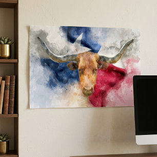 Texas Longhorn Aquarel met Vlag Kaart Kunst Poster