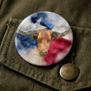 Texas Longhorn Aquarel met Vlag Kaart Kunst Ronde Button 6,0 Cm
