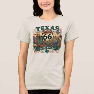 Texas Longhorn Bloemrijke Cowboylaarzen Route 66 R Tri-Blend Shirt
