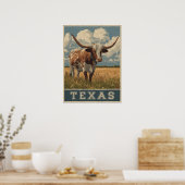  Texas Longhorn Bull Retro Reizen Poster (Keuken)