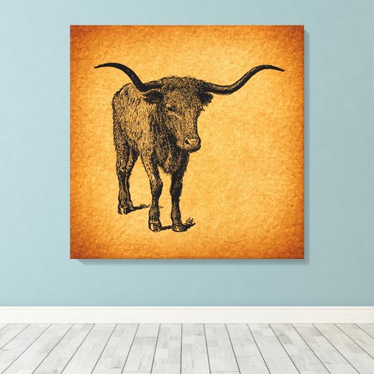 Texas Longhorn Bull Rustic  Westerne Kunst Canvas Afdruk (Insitu (Houten vloer))