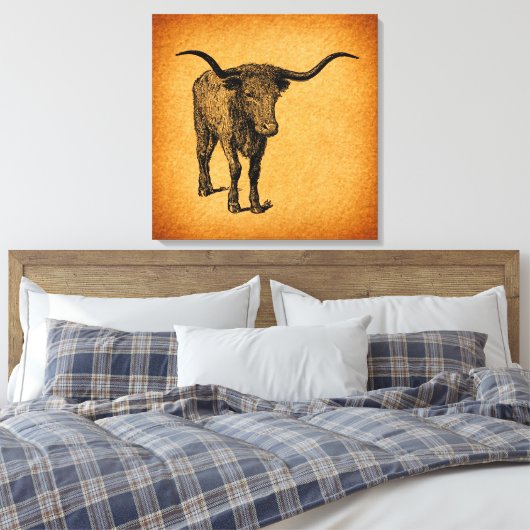 Texas Longhorn Bull Rustic  Westerne Kunst Canvas Afdruk (Insitu (Slaapkamer))