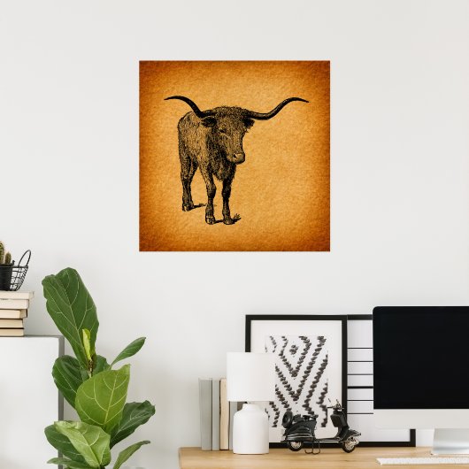 Texas Longhorn Bull Rustic  Westerne Kunst Poster (Thuiskantoor)