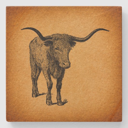 Texas Longhorn Bull Rustic Westerne Kunst Stenen Onderzetter (Voorkant)