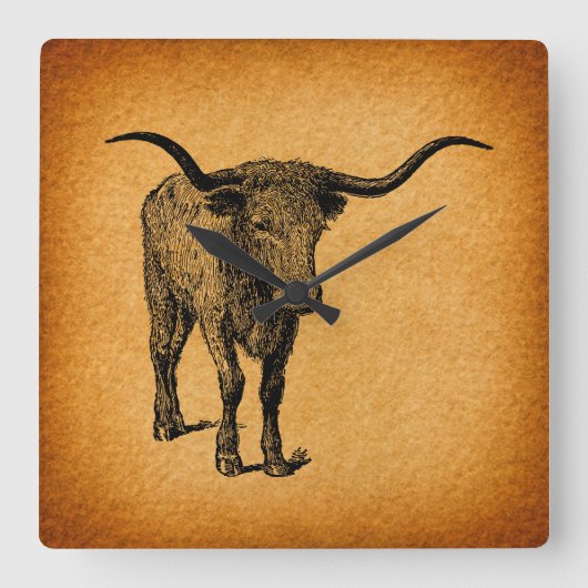 Texas Longhorn Bull Rustic  Westerne Kunst Vierkante Klok (Voorkant)