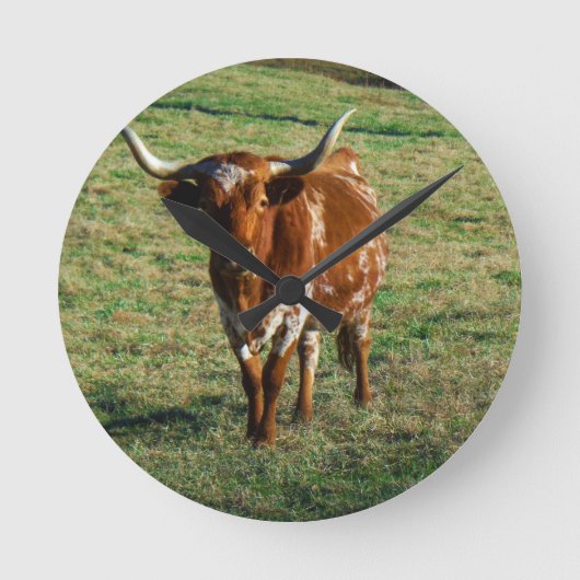 Texas Longhorn Cattle Cow Foto Rustic Ronde Klok (Voorkant)