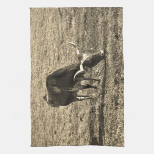 Texas Longhorn Cattle Koe Foto Rustic Theedoek (Verticaal)