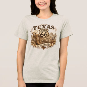 Texas Longhorn Cowboylaarzen Route 66 Retro Sepia Tri-Blend Shirt