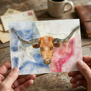 Texas Longhorn Koe en Vlag Aquarelprint Kunst Briefkaart