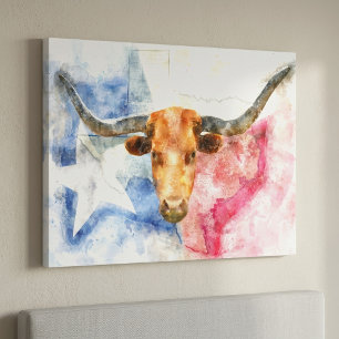 Texas Longhorn Koe en Vlag Aquarelprint Kunst Canvas Afdruk