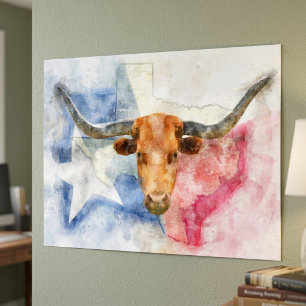 Texas Longhorn Koe en Vlag Aquarelprint Kunst Foto Afdruk
