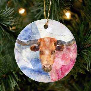 Texas Longhorn Koe en Vlag Aquarelprint Kunst Keramisch Ornament