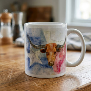 Texas Longhorn Koe en Vlag Aquarelprint Kunst Koffiemok