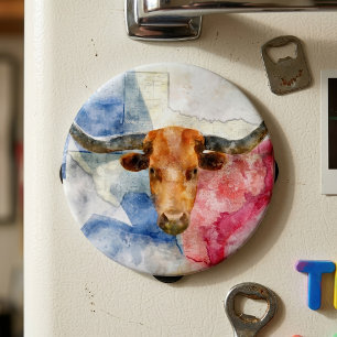 Texas Longhorn Koe en Vlag Aquarelprint Kunst Magneet