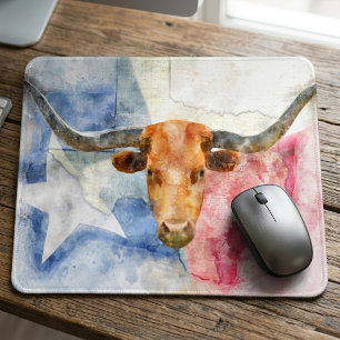 Texas Longhorn Koe en Vlag Aquarelprint Kunst Muismat