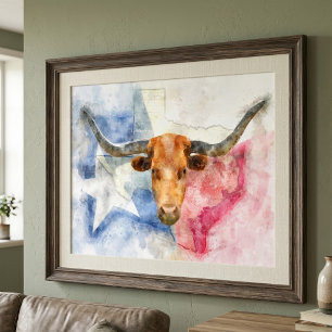 Texas Longhorn Koe en Vlag Aquarelprint Kunst Poster