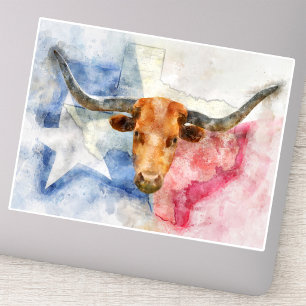 Texas Longhorn Koe en Vlag Aquarelprint Kunst Sticker