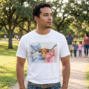 Texas Longhorn Koe en Vlag Aquarelprint Kunst T-shirt