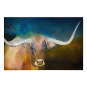 Texas Longhorn koe fotografie blauw en roest Foto Afdruk