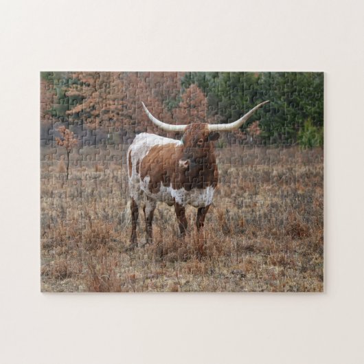 Texas Longhorn Koe in Herfst Meadow Boerderij Styl Legpuzzel (Horizontaal)