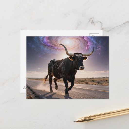 Texas Longhorn op de Snelweg Briefkaart (Voorkant / Achterkant in situ)