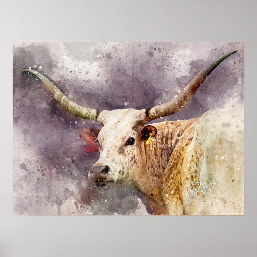 Texas Longhorn Waterverf Fine Art Fotografie Poster (Voorkant)