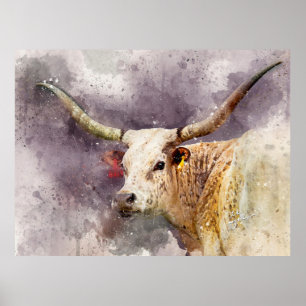 Texas Longhorn Waterverf Foto Fine Art Abstract Poster