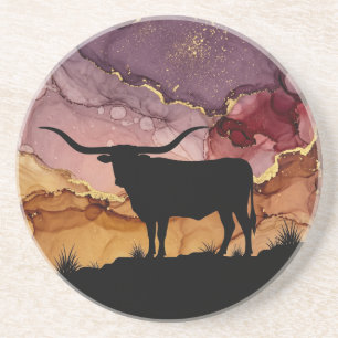 Texas Longhorn Zonsondergang Alcohol Inkt Gouden O Zandsteen Onderzetter