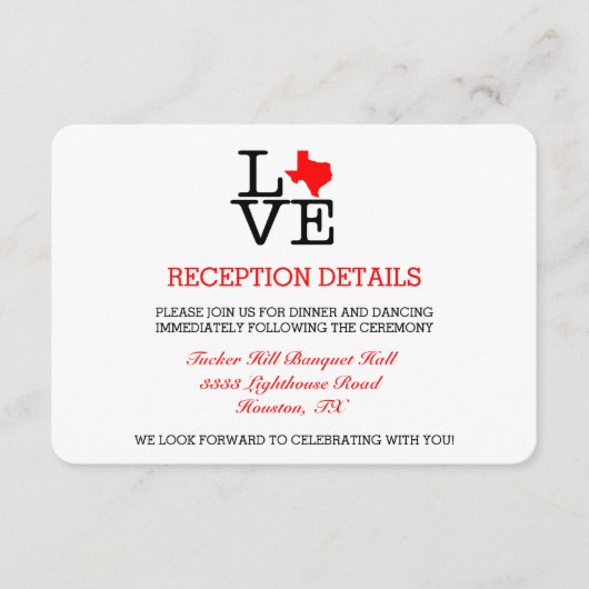 Texas Love Wedding Reception Card Informatiekaartje (Voorkant)