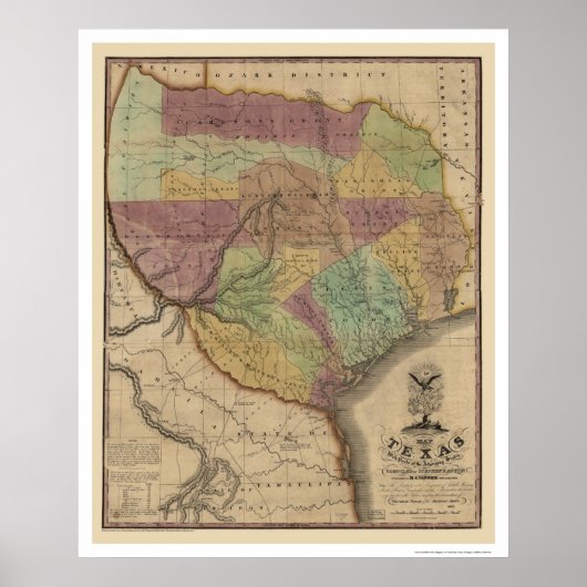 Texas Map door Stephen Austin 1837 Poster (Voorkant)
