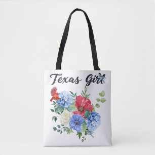 Texas meisje met rood/wit/blauwe bloemen & vogels tote bag