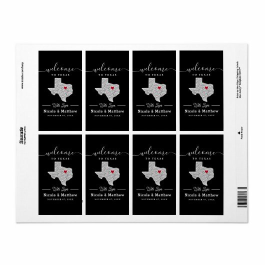 Texas Minimalist Texaanse kaart Bruiloft Welkom Etiket (Full Sheet)