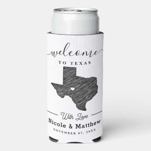 Texas Minimalist Texaanse kaart Bruiloft Welkom Seltzer Blikjeskoeler (Seltzer Achterkant)