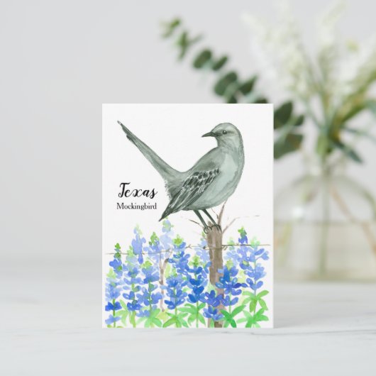 texas mockingbird bluebonnet-Waterverf Briefkaart (Staand voorkant)