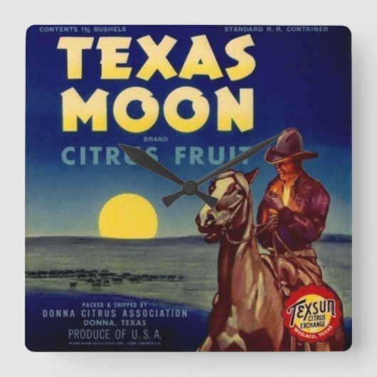Texas Moon Citrus Fruit Crate Label Vierkante Klok (Voorkant)
