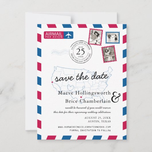Texas Noord-Californië Luchtpost Save the Date (Voorkant)